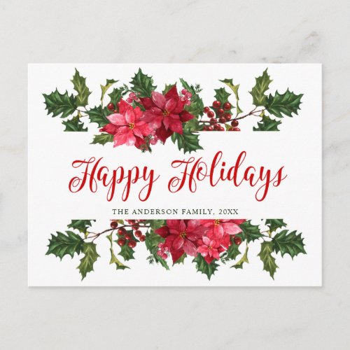 Christmas Poinsettia Holiday Watercolor Greeting Postcard