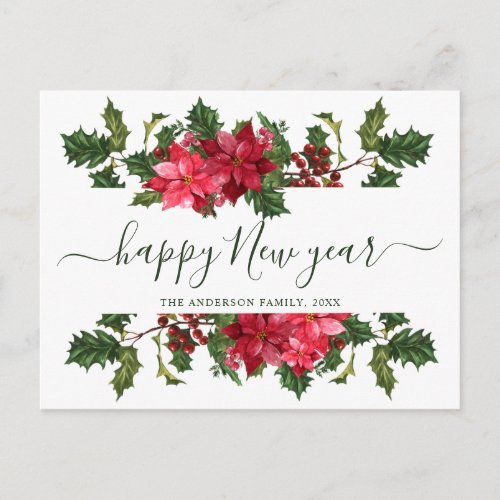 Christmas Poinsettia Holiday Watercolor Greeting Postcard