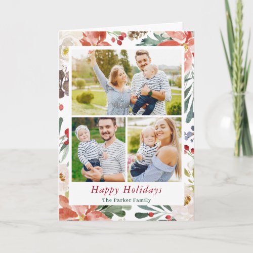 Christmas Poinsettia Holly Berries Floral 3 Photo Holiday Card