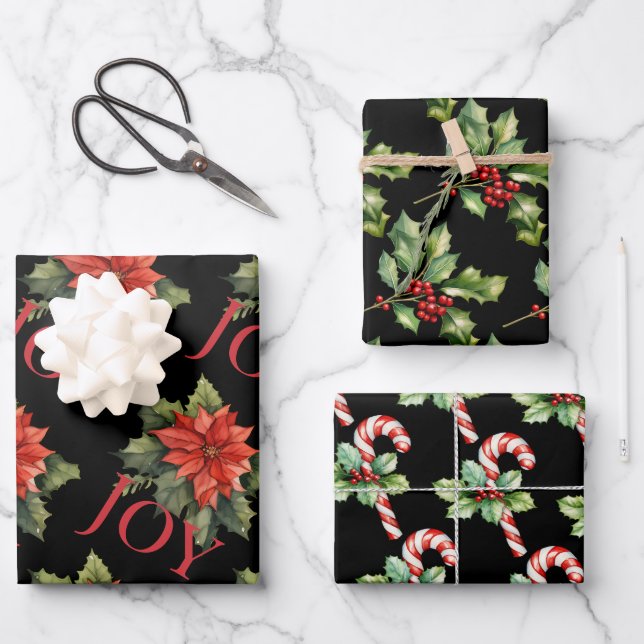 CHRISTMAS POINSETTIA, HOLLY, CANDY CANE on BLACK Wrapping Paper Sheets (Front)