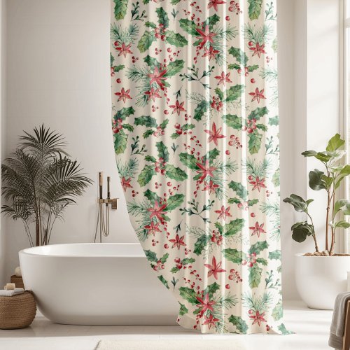 Christmas Poinsettia Holly Pattern Shower Curtain