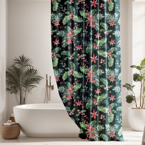 Christmas Poinsettia Holly Pattern Shower Curtain