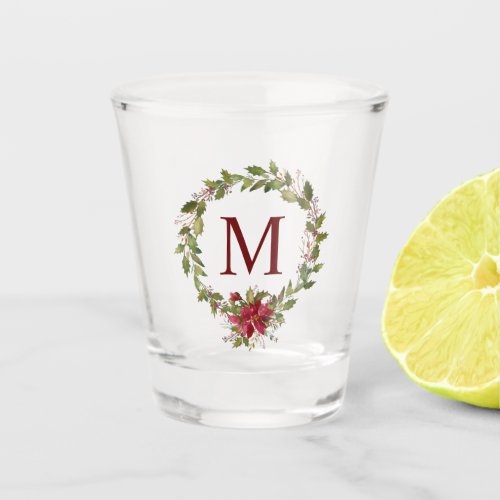 Christmas Poinsettia Holly Wreath Monogram Shot Glass