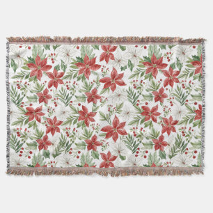 Christmas Poinsettia in Red and White Throw Blanket