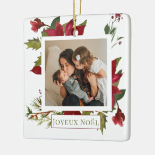 Christmas Poinsettia Joyeux Noël Holiday Photo Ceramic Ornament