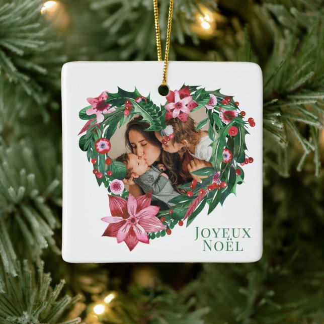 Christmas Poinsettia Joyeux Noël Holiday Photo Ceramic Ornament (Tree)