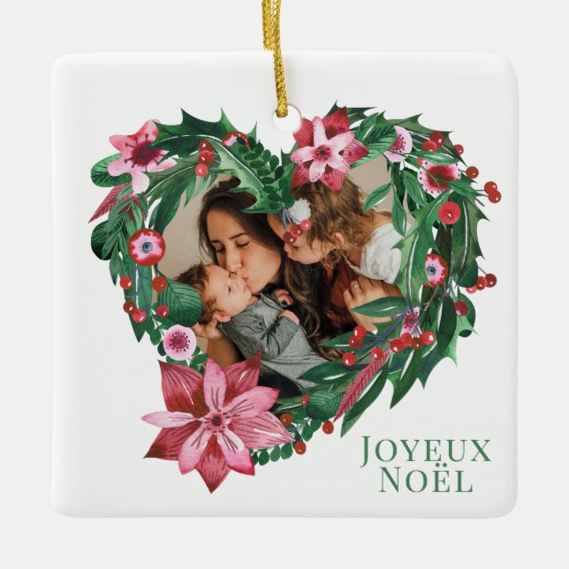 Christmas Poinsettia Joyeux Noël Holiday Photo Ceramic Ornament (Front)