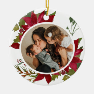 Christmas Poinsettia Joyeux Noël Photo Ceramic Ornament