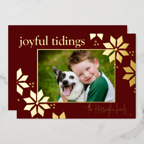 Christmas Poinsettia Joyful Tidings Family Photo Foil Holiday Card