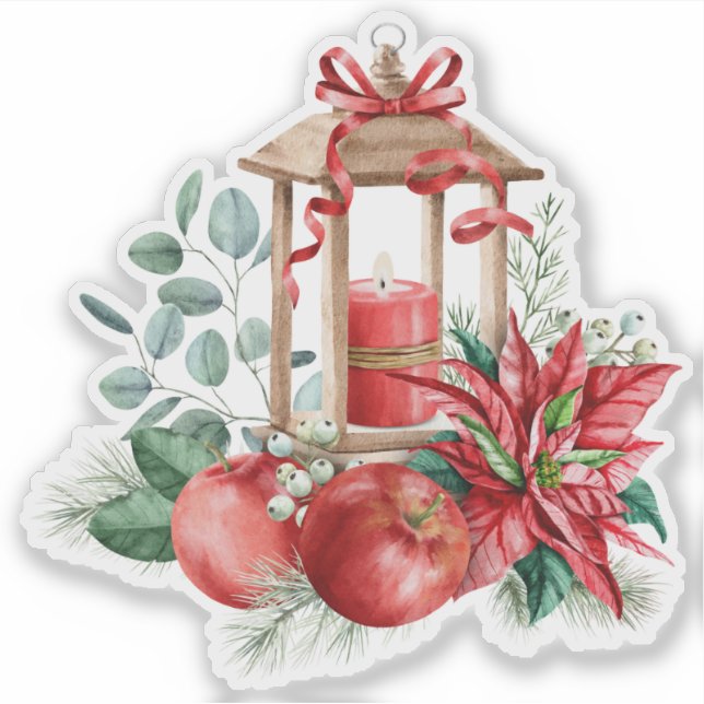 Christmas Poinsettia, Lantern, Apples Bouquet Sticker (Front)
