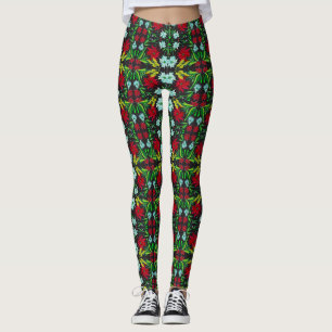Christmas Poinsettia Leggings Women's Stretch