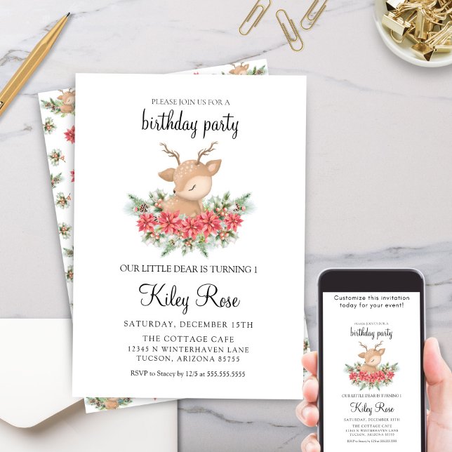 Christmas Poinsettia Little Deer Birthday Party Invitation (Cute Little Deer Dear Christmas Theme Birthday Party Invitation with Poinsettias and Pine Cones)