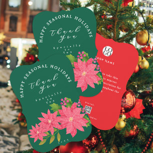 Christmas Poinsettia Logo Qrcode Green Red Thank You Card