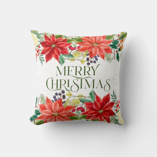Christmas poinsettia & Merry Christmas typography Throw Pillow (Front)