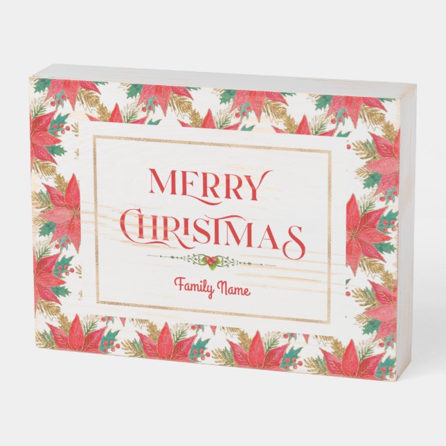 Christmas Poinsettia Merry Christmas typography  Wooden Box Sign (Angled Horizontal)