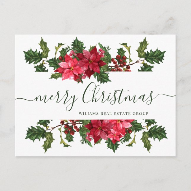 Christmas Poinsettia Mistletoe Corporate Greeting Holiday Postcard (Front)