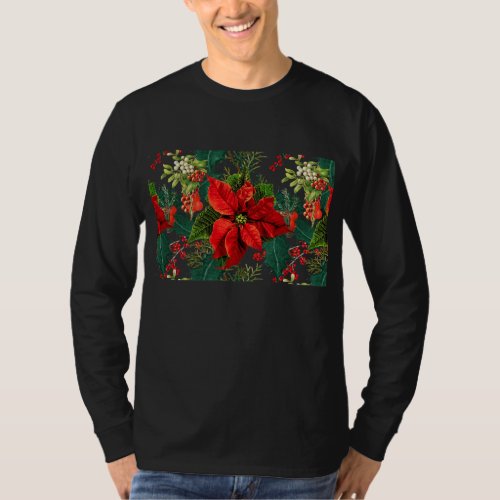 Christmas poinsettia mistletoe festive pattern T_Shirt