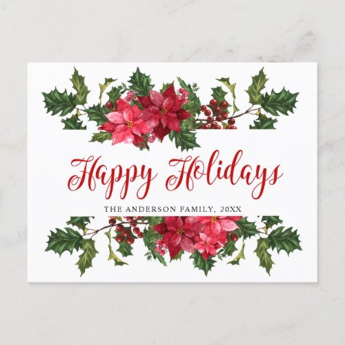 Christmas Poinsettia Mistletoe Watercolor Greeting Holiday Postcard