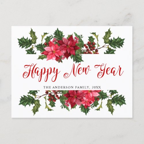 Christmas Poinsettia Mistletoe Watercolor Greeting Holiday Postcard