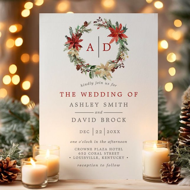 Christmas Poinsettia Monogram Wreath Wedding Invitation (Creator Uploaded)