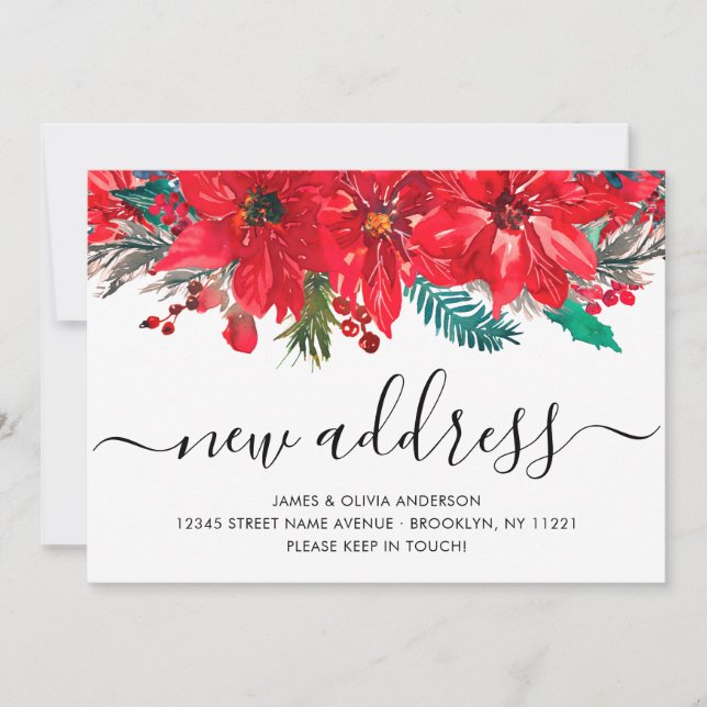 Christmas Poinsettia New Address Holiday Moving Announcement (Front)
