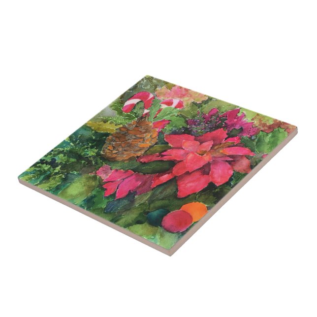 Christmas Poinsettia Original Watercolor Painting Ceramic Tile (Side)