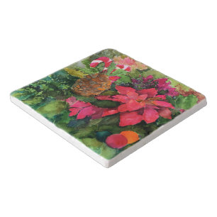 Christmas Poinsettia Original Watercolor Painting Trivet