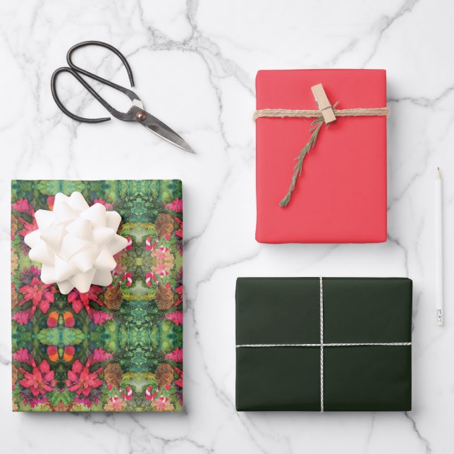 Christmas Poinsettia Original Watercolor Painting Wrapping Paper Sheets (Front)