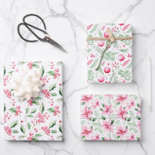 Christmas Poinsettia Ornaments and Holly Wrapping Paper Sheets
