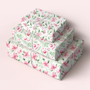 Christmas Poinsettia, Ornaments and Holly Wrapping Paper Sheets