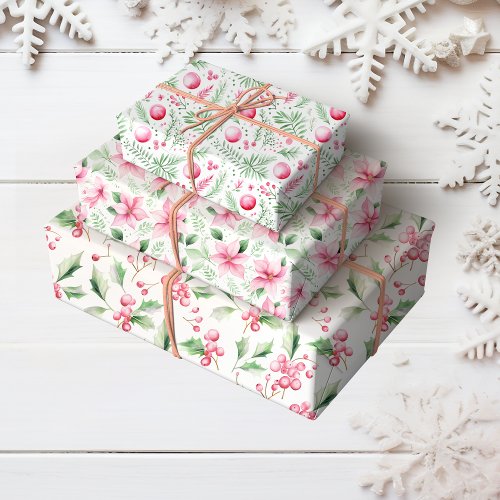 Christmas Poinsettia Ornaments and Holly Wrapping Paper Sheets