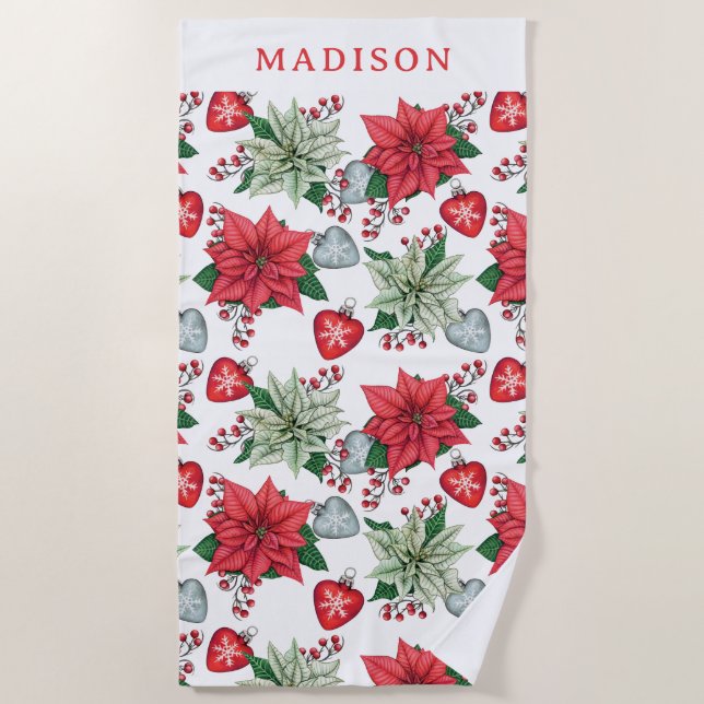 Christmas Poinsettia Pattern Beach Towel (Front)