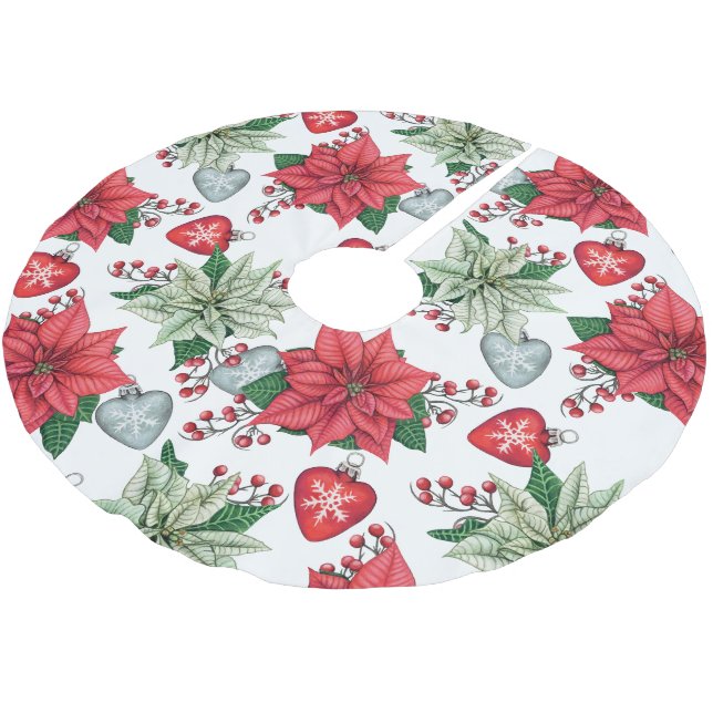 Christmas Poinsettia Pattern Brushed Polyester Tree Skirt (Angled)