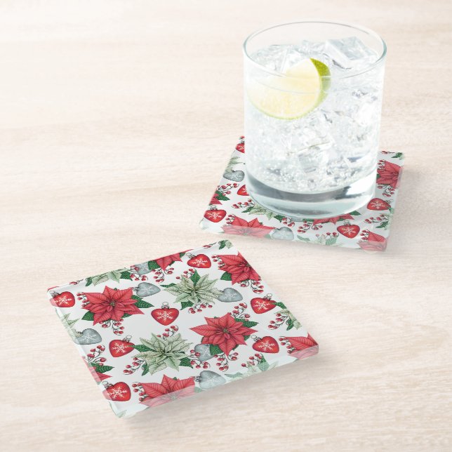 Christmas Poinsettia Pattern Glass Coaster (Angled)