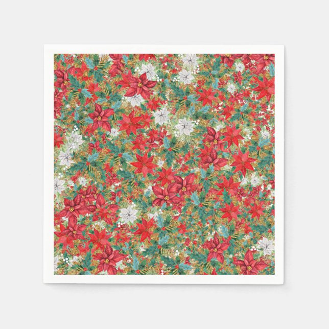 Christmas Poinsettia Pattern Paper Plates Napkins (Front)