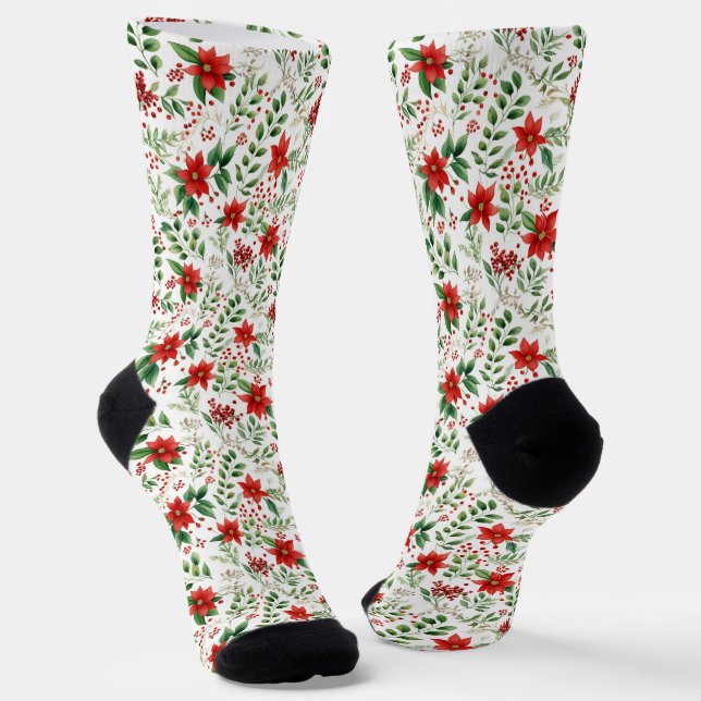 Christmas poinsettia pattern socks (Angled)