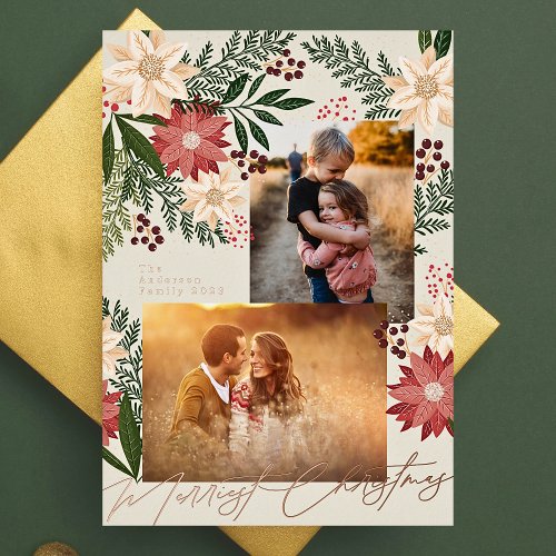 Christmas Poinsettia Photo Collage Rose Gold Foil Holiday Card