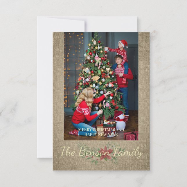 Christmas Poinsettia Photo Family Textile Texture Note Card (Front)