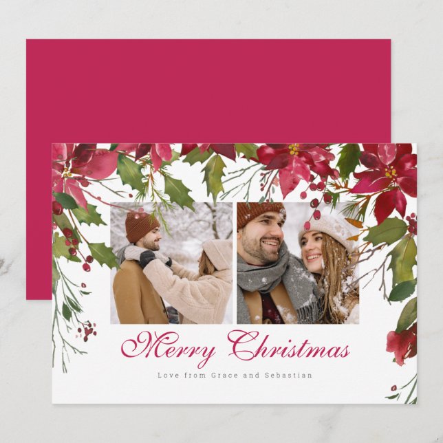 Christmas Poinsettia Photo Personalized Holiday Card (Front/Back)