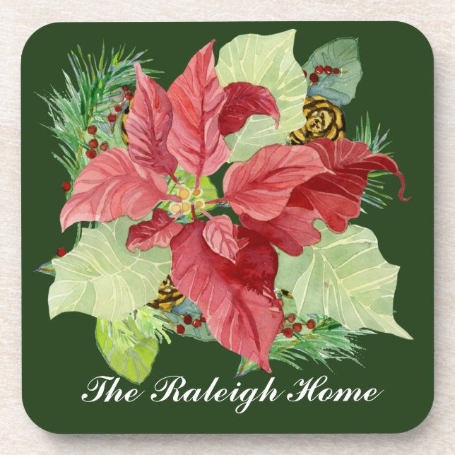 Christmas Poinsettia Pine Cone Gift Personalized Coaster (Front)
