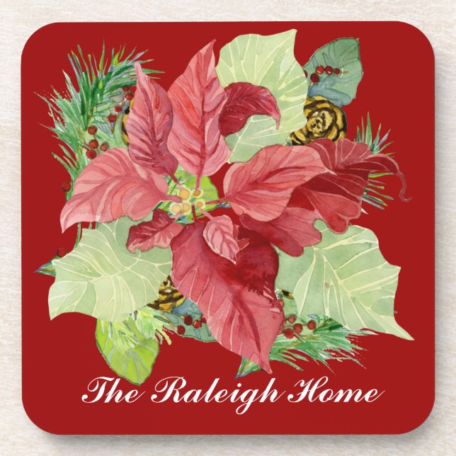 Christmas Poinsettia Pine Cone Gift Personalized Coaster (Front)