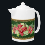 Christmas Poinsettia Pine Cone Gold Golden Tea Pot<br><div class="desc">COLOR PALETTE: deep burgundy red, forest green, "gold" metallic and white DESIGN COLLECTION: Using elegant original water color art work hand painted by Audrey Jeanne Roberts, there are three hand watercolored red poinsettia flowers set among pine boughs, greenery, garland, holly berries and pine cones. A pair of "gold" borders add...</div>