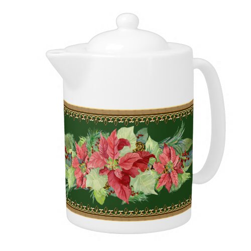 Christmas Poinsettia Pine Cone Gold Golden Tea Pot