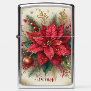 Christmas Poinsettia Red and Gold Glitter  Zippo Lighter