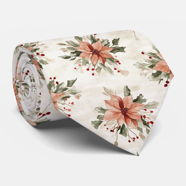 Christmas Poinsettia Red and Green Neck Tie (Rolled)