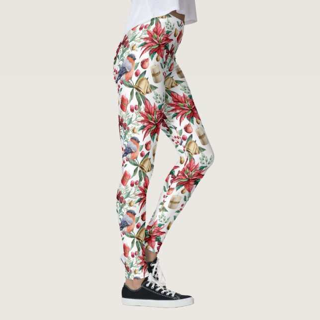 Christmas poinsettia red berries and a bird leggings (Right)