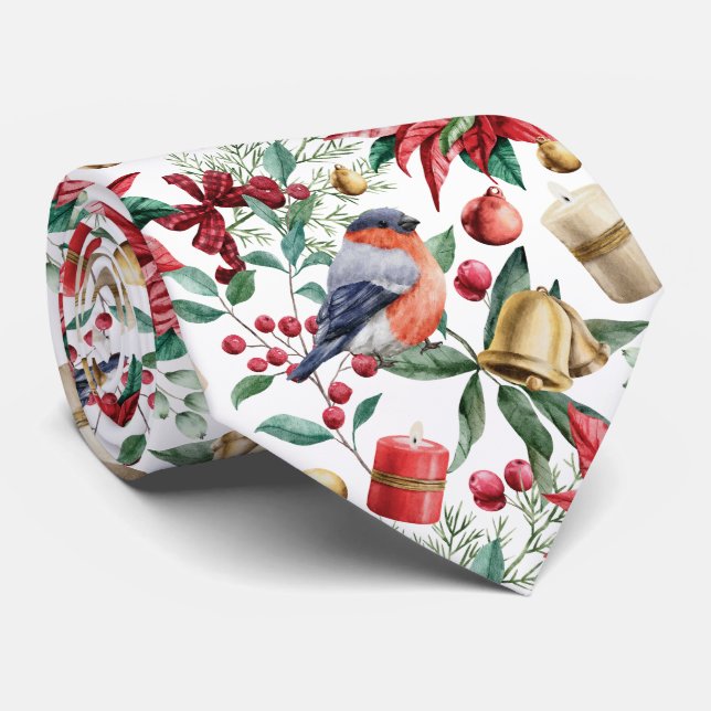 Christmas poinsettia red berries birds bells neck tie (Rolled)