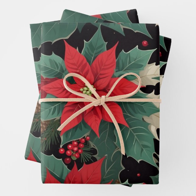 Christmas Poinsettia, Red Berries, Fir Branches Wrapping Paper Sheets (In situ)