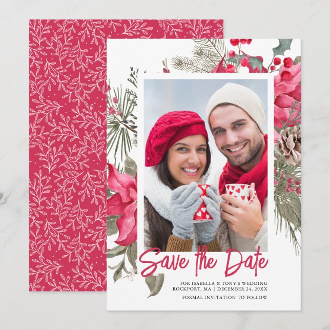 Christmas Poinsettia Red Floral Holly Pine Save The Date (Front/Back)