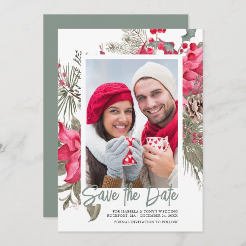 Christmas Poinsettia Red Floral Holly Pine Save The Date